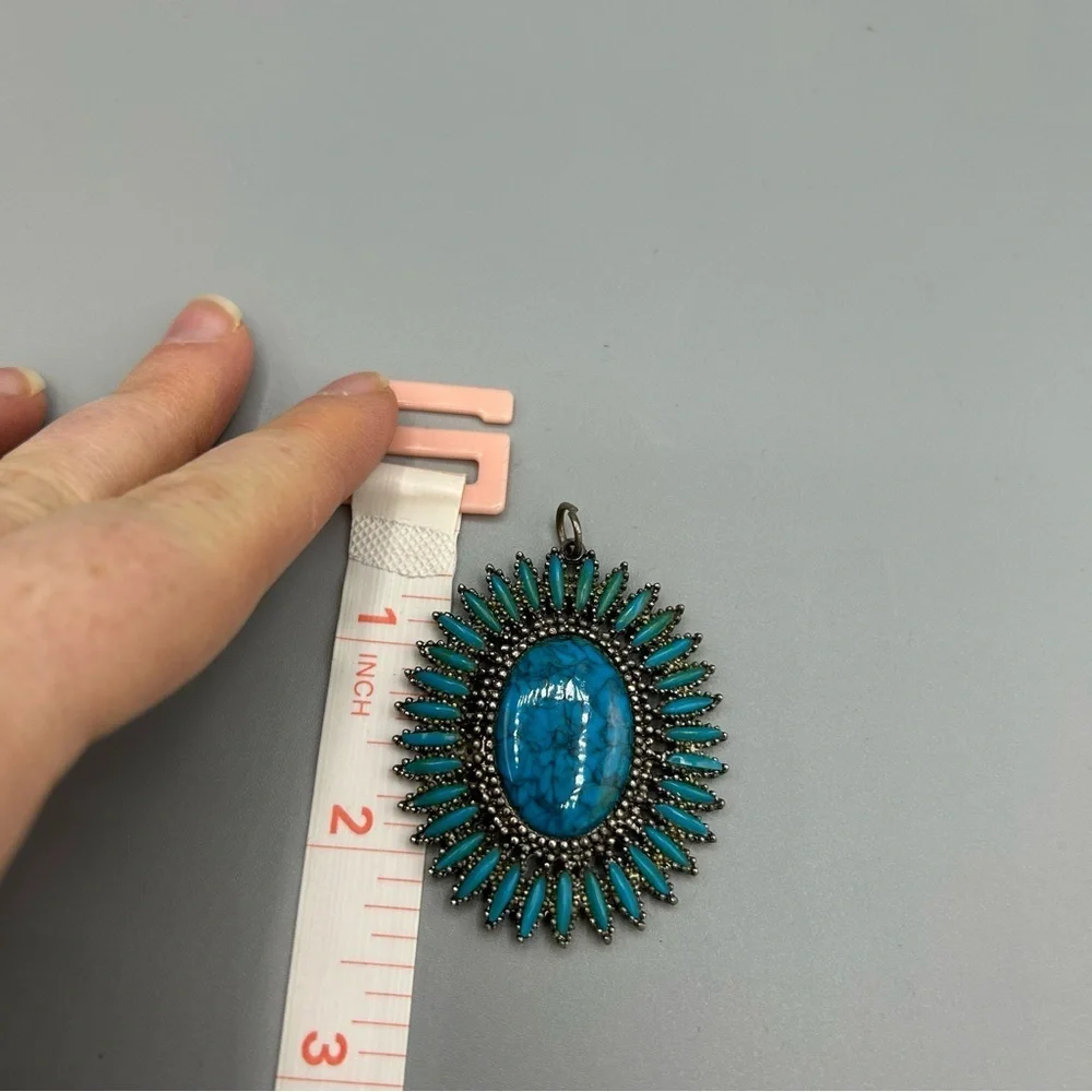 Vintage Silver Tone Turquoise Sunburst Pendant Southwestern Boho